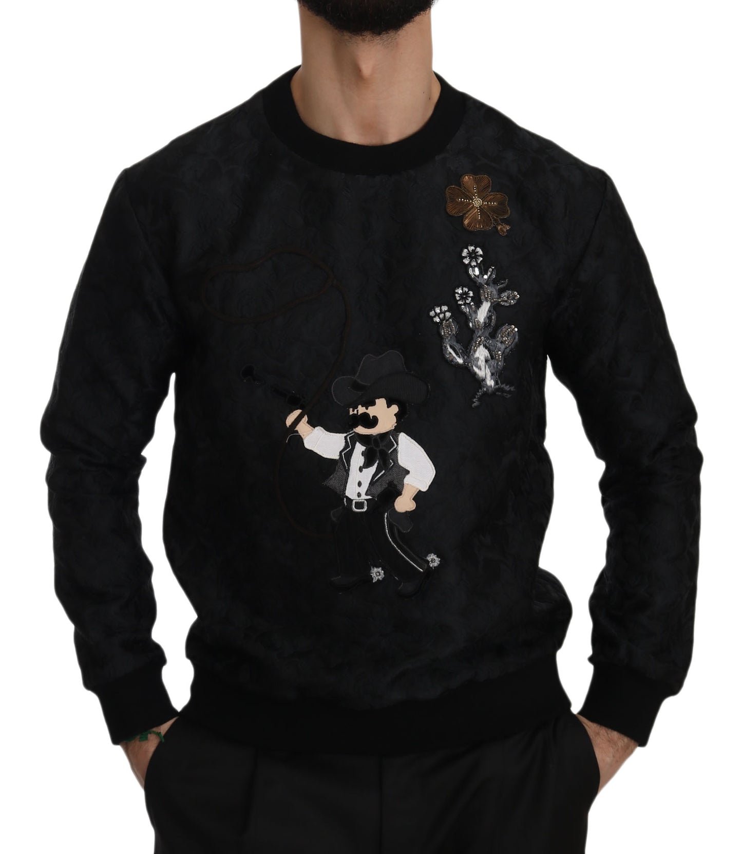 Elegant Embroidered Black Brocade Sweater
