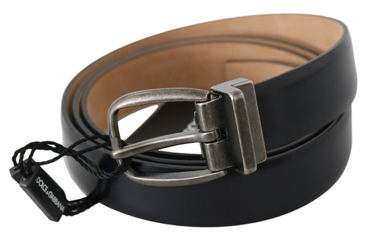 Elegant Blue Leather Belt with Gray Buckle