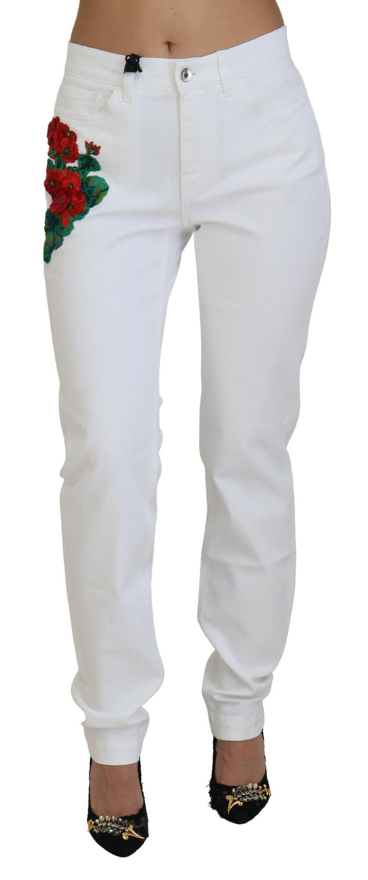 Elegant White Mid Waist Skinny Jeans