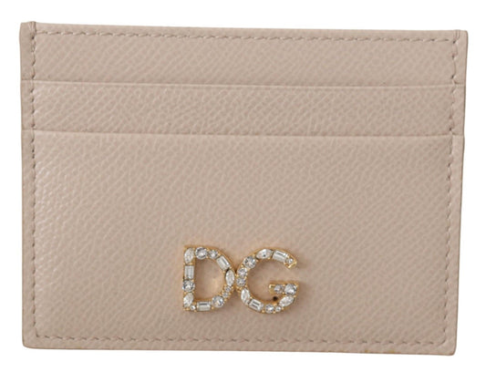 Chic Beige Leather Card Holder with Jewel Logo