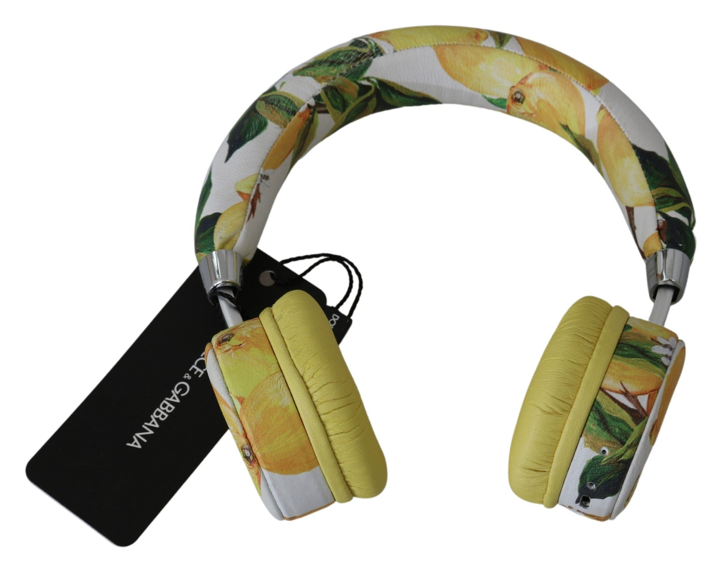 Chic White Leather Headphones with Yellow Print