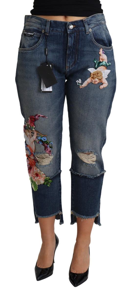 Floral Embroidered Cropped Capri Jeans