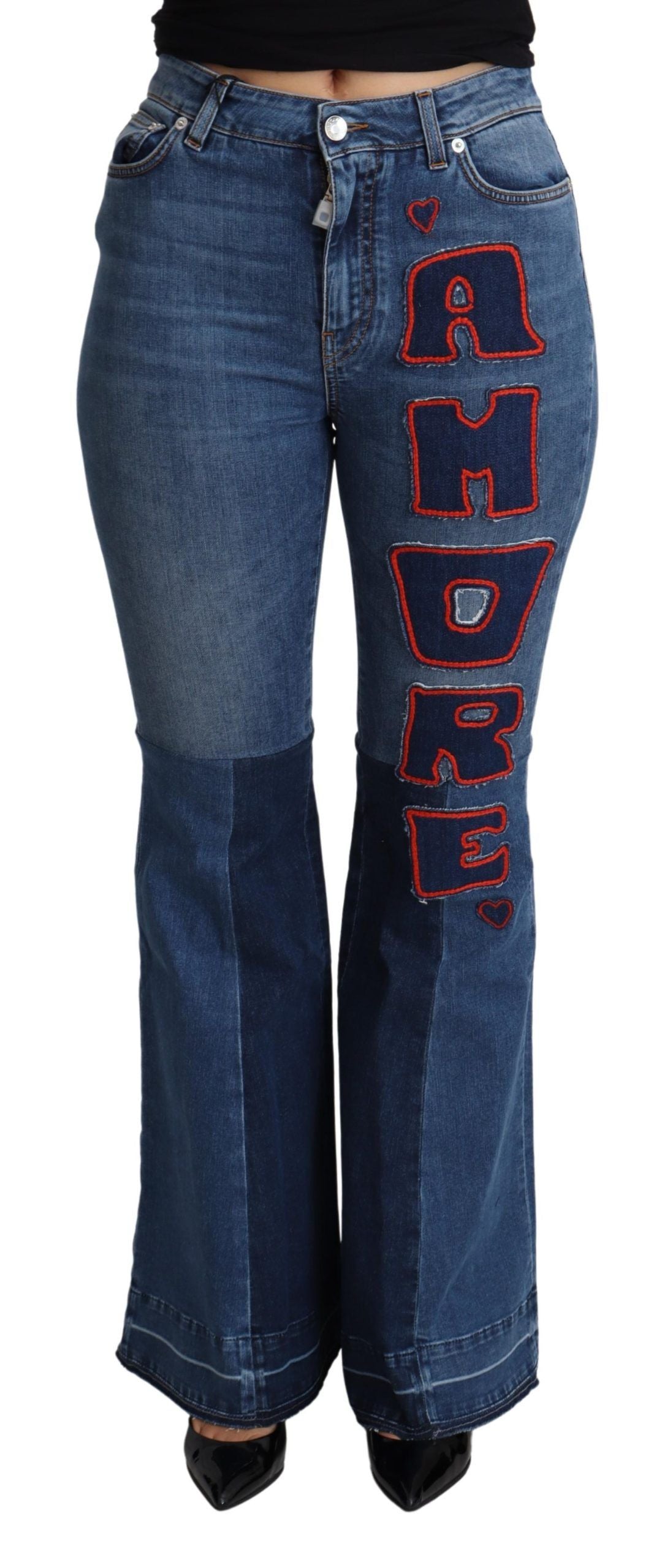 Elegant Boot Cut Denim Jeans with Amore Patch