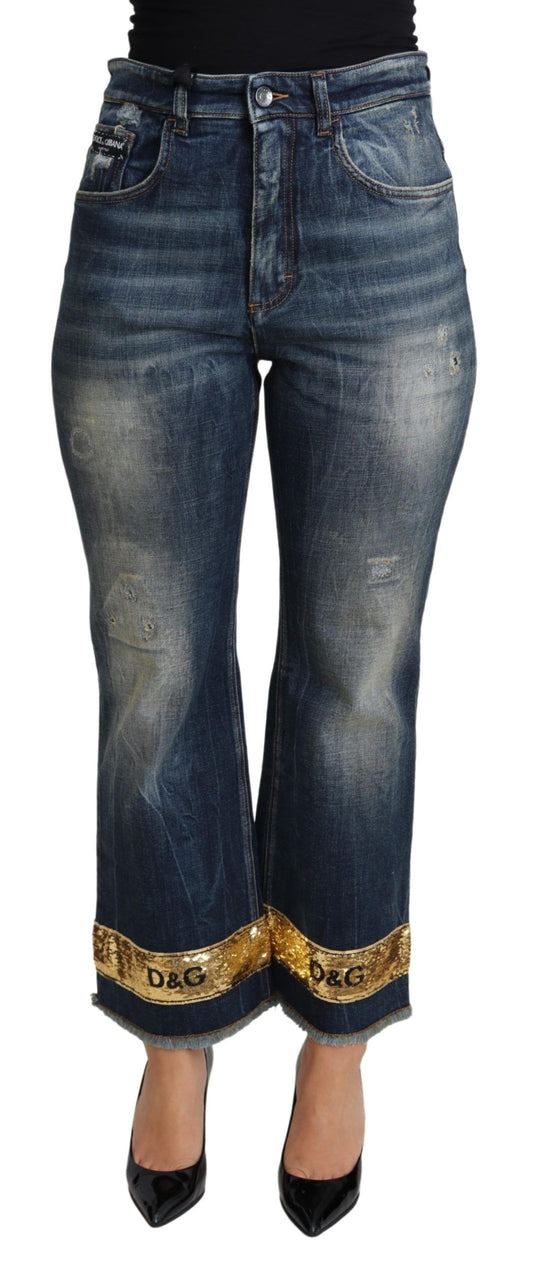 Sequin-Embellished Cropped Denim Jeans