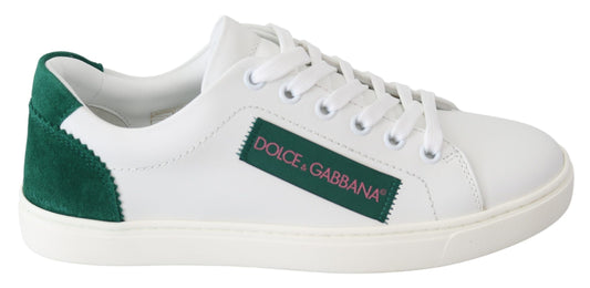 Elegant Leather Lace-Up Sneakers in White & Green
