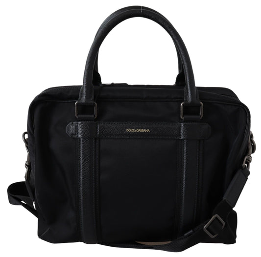 Elegant Black Nylon Leather Messenger Bag