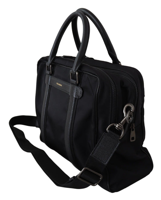 Elegant Black Nylon Leather Messenger Bag