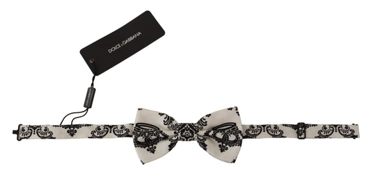 Elegant White Silk Bow Tie with Crown Pattern