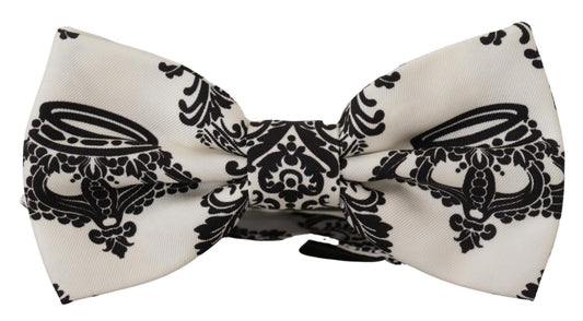 Elegant White Silk Bow Tie with Crown Pattern