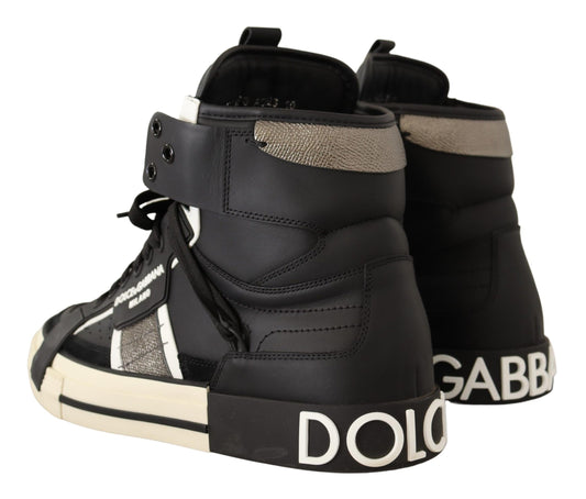 Elegant High Top Leather Sneakers in Black and Gray