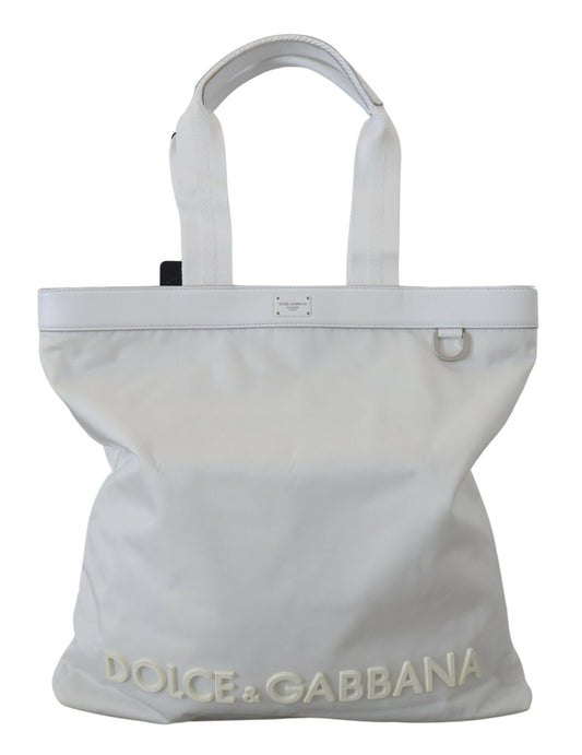 Elegant White Nylon Tote Bag with Leather Accents
