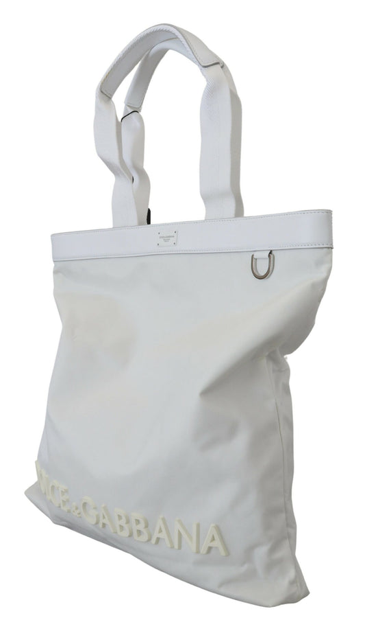 Elegant White Nylon Tote Bag with Leather Accents