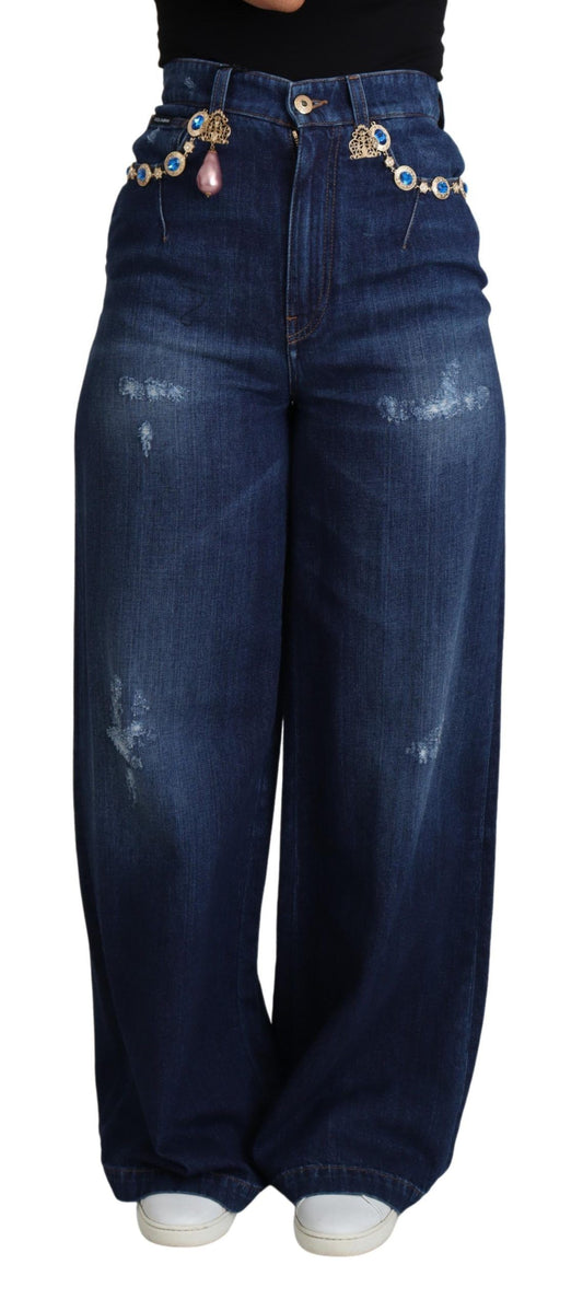 Embellished Wide-Leg High-Waist Denim Jeans