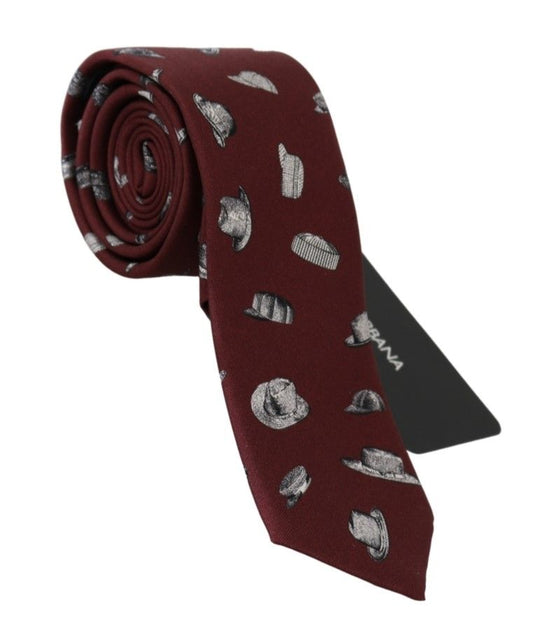 Elegant Silk Tie in Bordeaux with Unique Hat Print