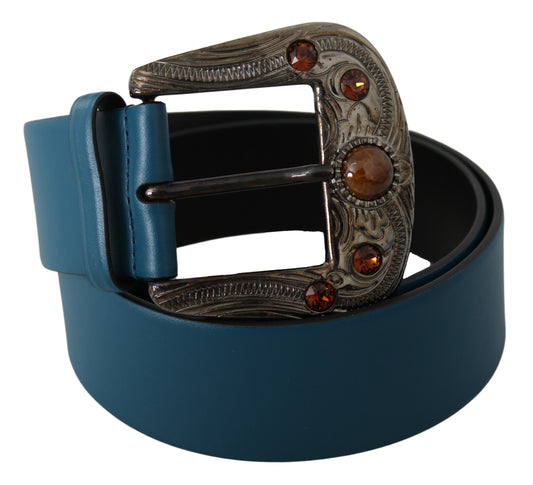 Elegant Blue Leather Belt with Crystal Buckle