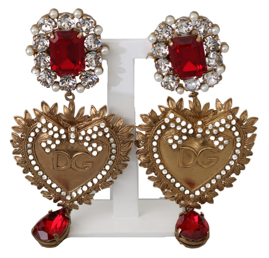 Gold Brass Devotion Heart Red Crystal Dangling Earrings