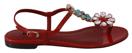Iconic Red Leather Flats with Multicolor Crystals