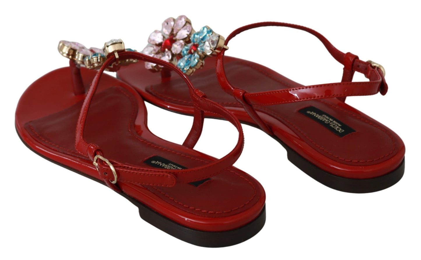 Iconic Red Leather Flats with Multicolor Crystals