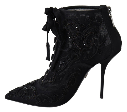 Elegant Black Tulle Lace-Up Boots