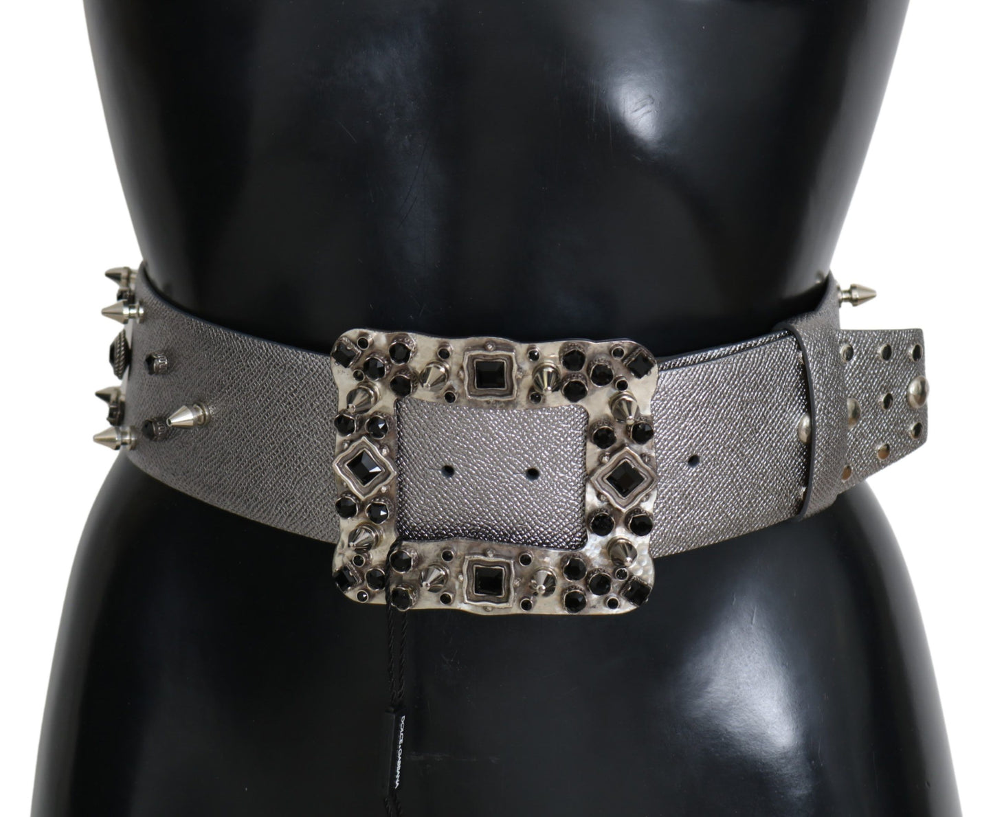 Silver Leather Crystal Stud Logo Buckle Belt