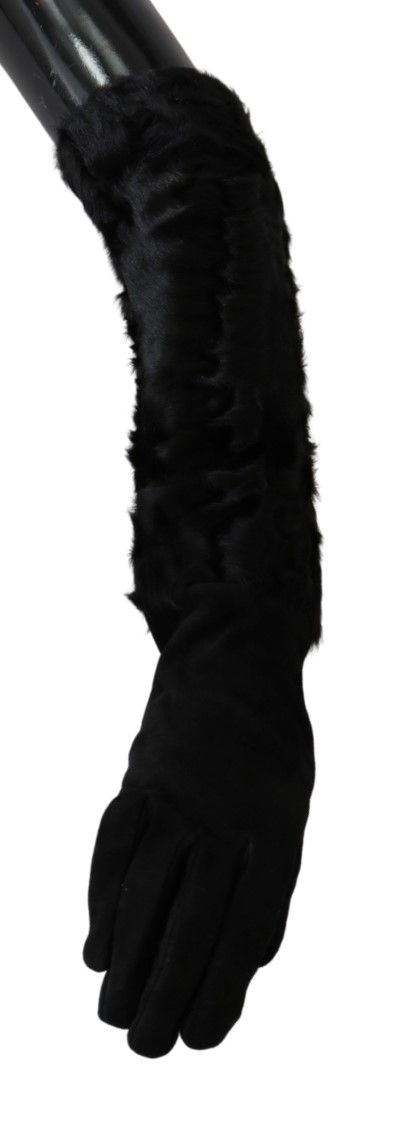 Black Elbow Length Mitten Suede Fur Gloves