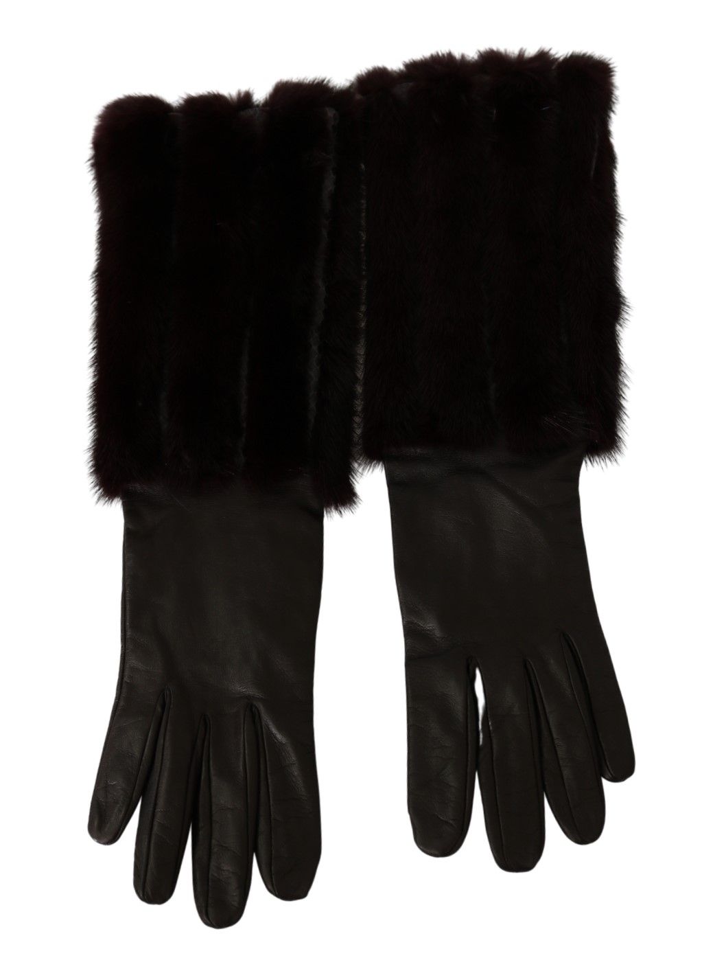 Brown Mid Arm Length Leather Fur Gloves