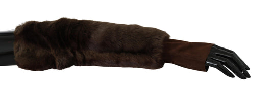 Elegant Brown Fur & Leather Elbow-Length Gloves