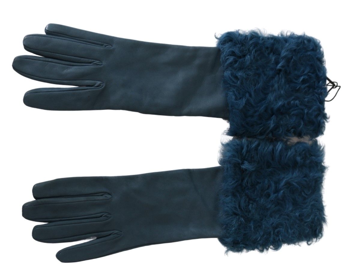 Blue Mid Arm Leather Shearling Fur Gloves