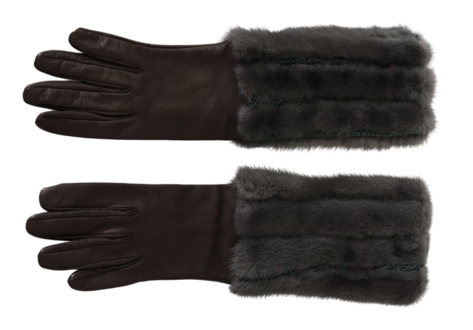 Brown Mid Arm Length Leather Fur Gloves