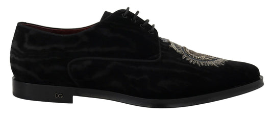 Elegant Black Derby Shoes with Heart Embroidery