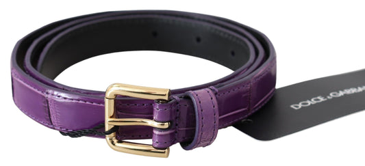 Elegant Purple Crocodile Leather Belt with Gold Buckle