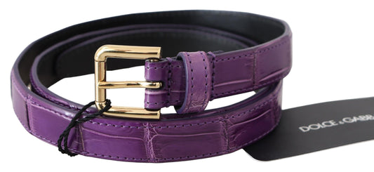 Elegant Purple Crocodile Leather Belt with Gold Buckle