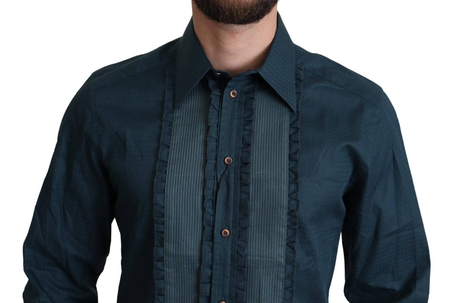 Elegant Blue Ruffled Tuxedo Shirt