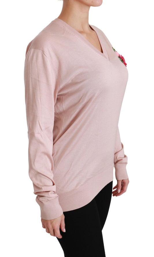 Pink Floral Silk V-Neck Sweater