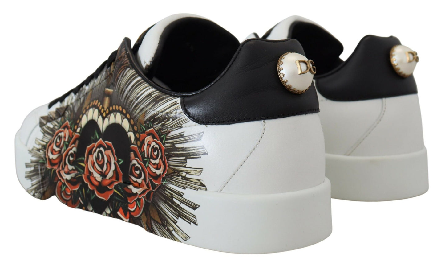 Elegant White Leather Sneakers with Heart Roses Detail