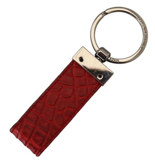 Red Leather Logo Plaque Silver Brass Keychain