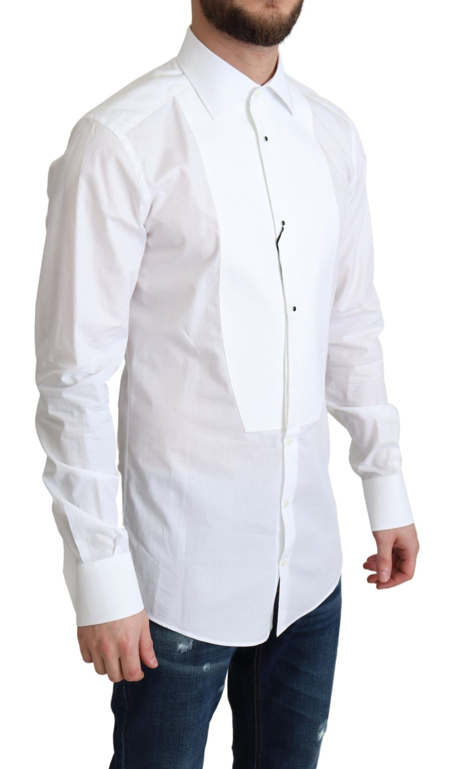 Elegant White Cotton Bib Dress Shirt