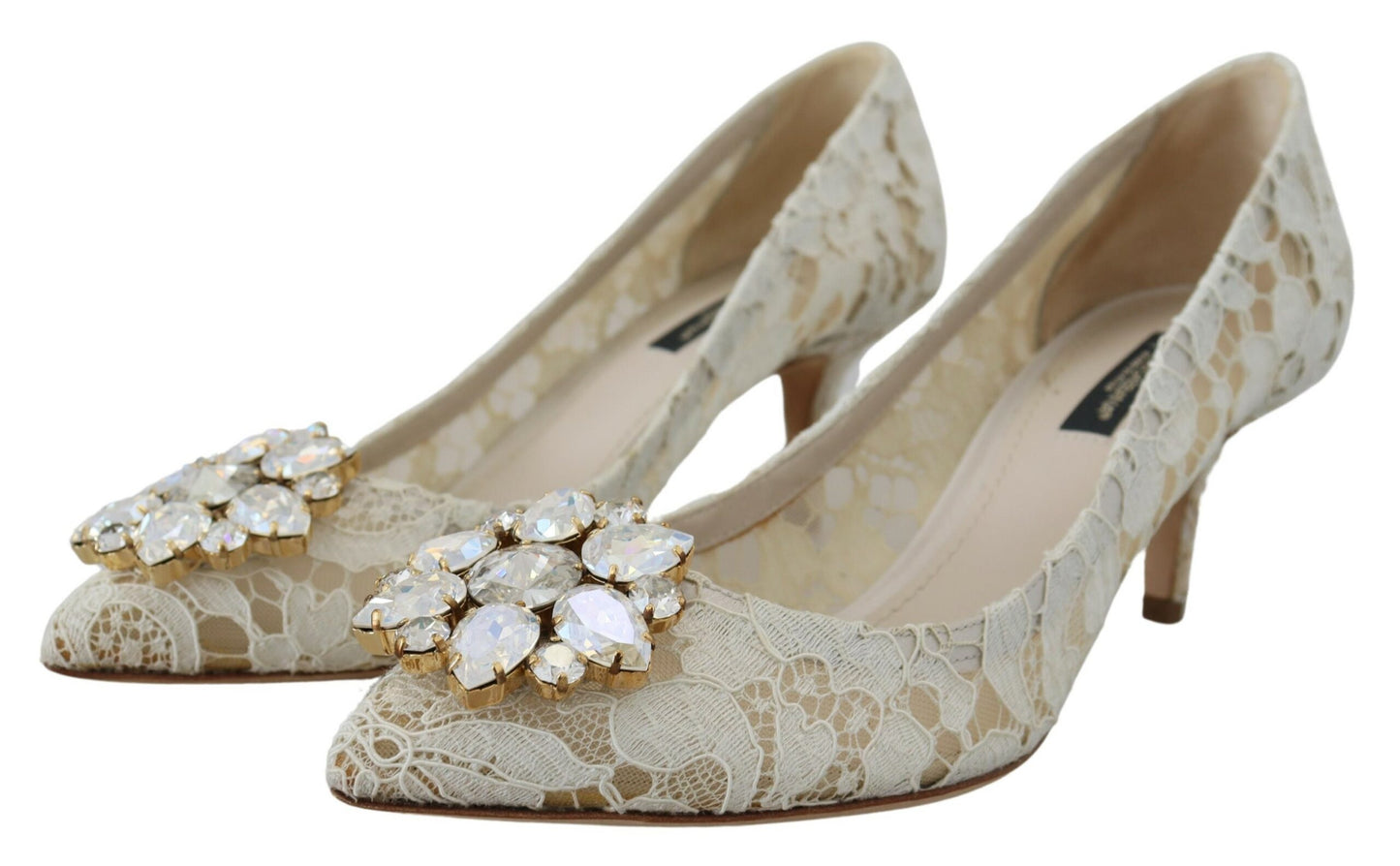 Elegant White Lace Heels with Crystal Accents
