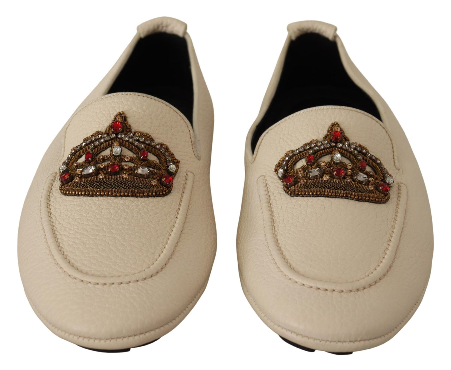 Beige Leather Crystal Crown Loafers