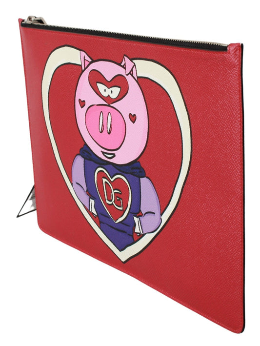 Red Pig Love Print Leather Document Bag