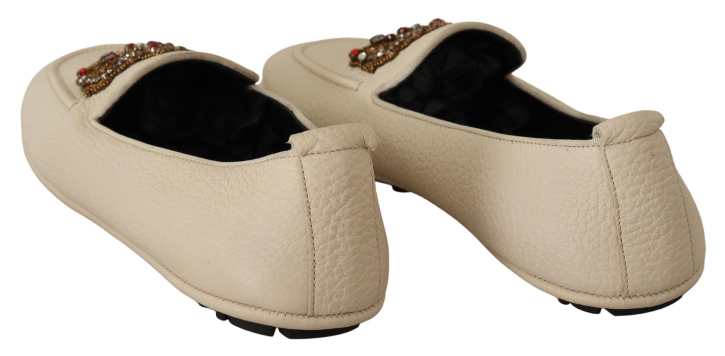 Beige Leather Crystal Crown Loafers