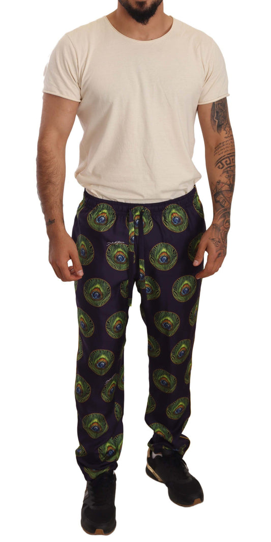 Elegant Silk Lounge Pants with Peacock Print