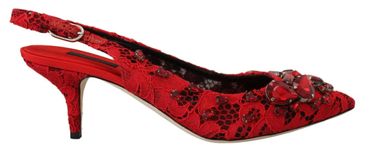 Red Crystals Heel Slingback Mary Jane Shoes