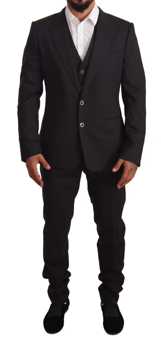 Elegant Gray Striped Three-Piece Wool Suit