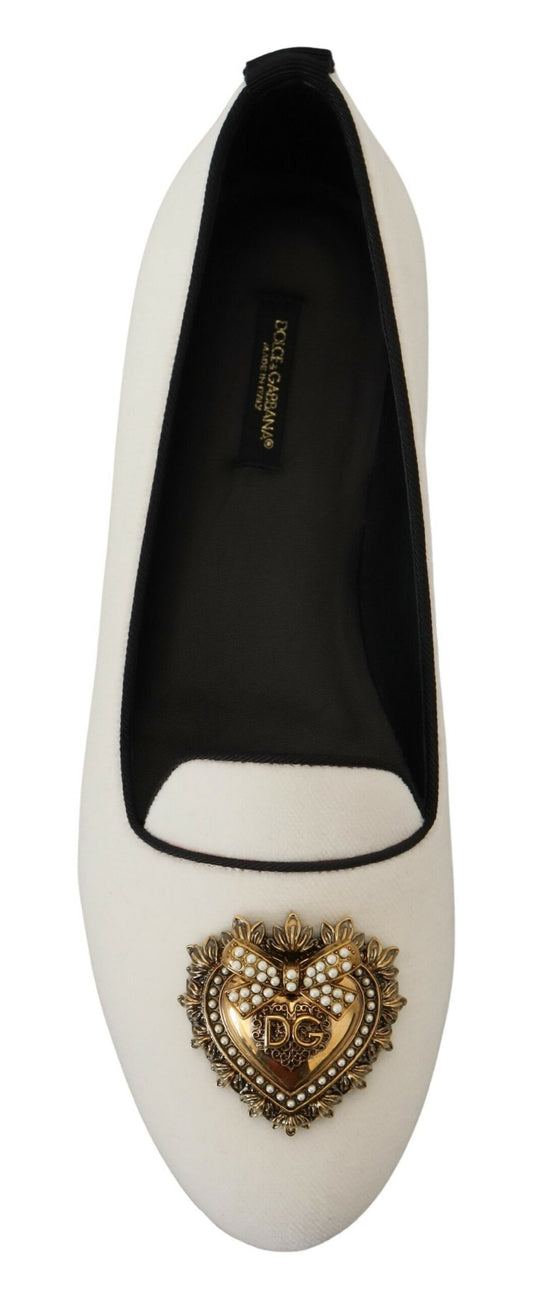 Elegant White Velvet Loafers with Gold Heart Detail