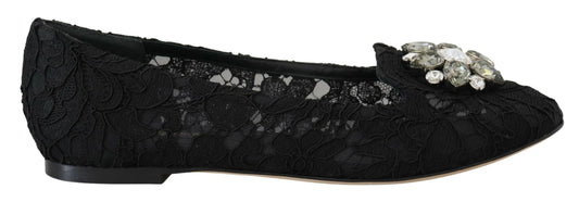 Black Taormina Lace Crystals Flats Shoes