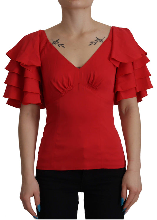 Elegant Red Silk V-Neck Ruffle Blouse