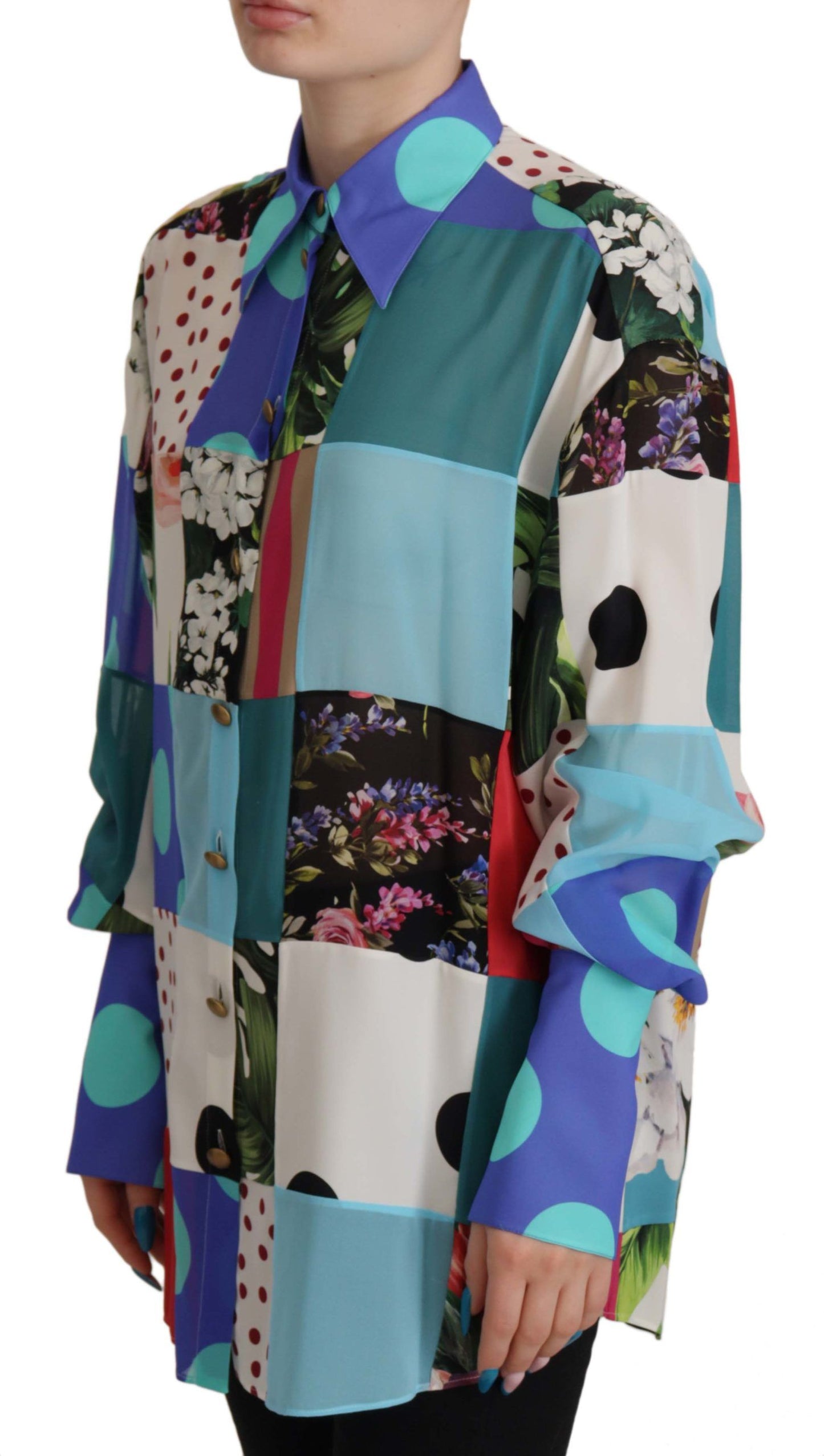 Elegant Multicolor Silk Floral Polka Dot Blouse