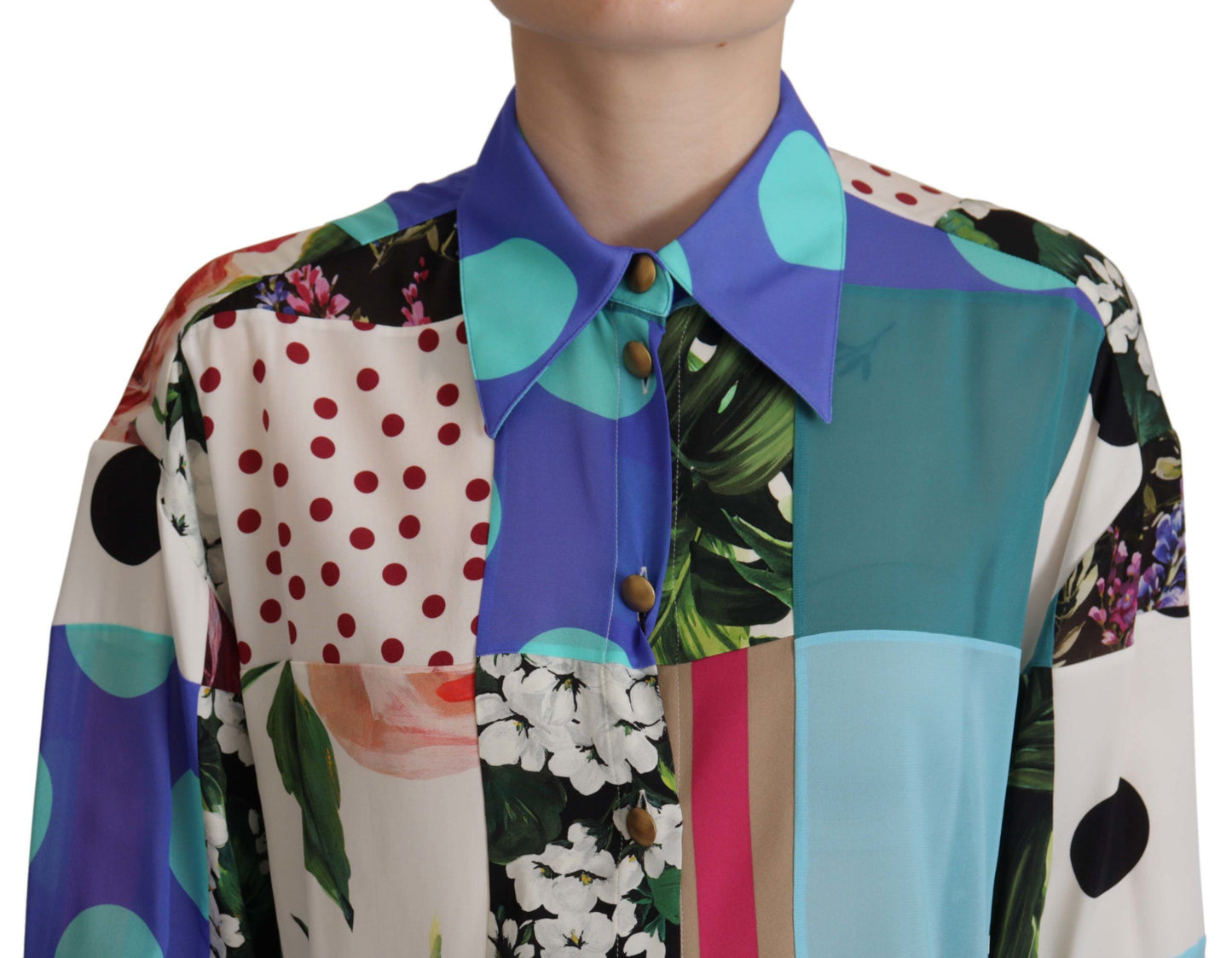 Elegant Multicolor Silk Floral Polka Dot Blouse