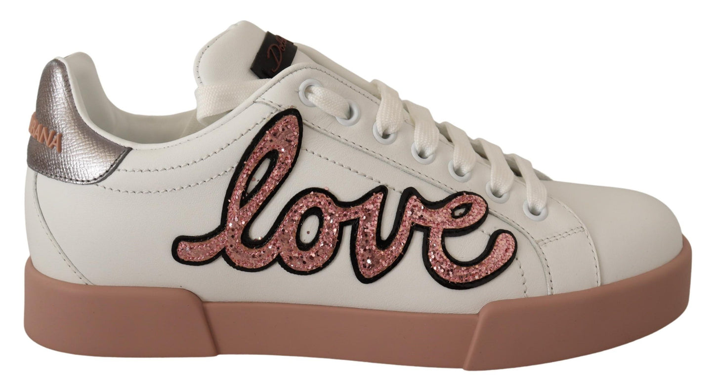 Chic White Glittered Love Leather Sneakers